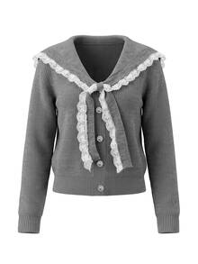 GlowEve Cardigan Kerah Pelaut Berenda Kontras dengan Simpul Depan, Cocok untuk Brunch, Pesta Teh, Warna Abu-abu, Musim Gugur, Gaya Prancis Elegan - Grey - View 5