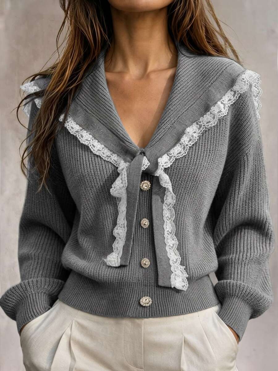 GlowEve Cardigan Kerah Pelaut Berenda Kontras dengan Simpul Depan, Cocok untuk Brunch, Pesta Teh, Warna Abu-abu, Musim Gugur, Gaya Prancis Elegan - Grey - View 1