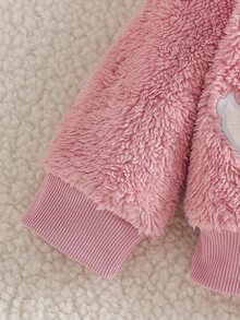 SHEIN 女嬰幼兒拉鍊連帽夾克 粉色鵝刺繡網布蝴蝶結毛絨長袖加厚冬季秋季萬聖節外套 Club Cozy - 粉色 - 查看 9