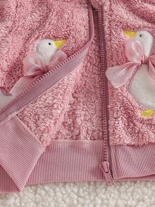 SHEIN 女嬰幼兒拉鍊連帽夾克 粉色鵝刺繡網布蝴蝶結毛絨長袖加厚冬季秋季萬聖節外套 Club Cozy - 粉色 - 查看 11