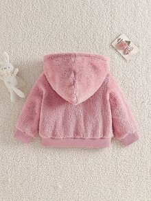SHEIN 女嬰幼兒拉鍊連帽夾克 粉色鵝刺繡網布蝴蝶結毛絨長袖加厚冬季秋季萬聖節外套 Club Cozy - 粉色 - 查看 3