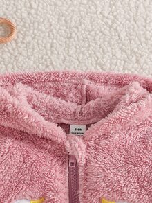 SHEIN 女嬰幼兒拉鍊連帽夾克 粉色鵝刺繡網布蝴蝶結毛絨長袖加厚冬季秋季萬聖節外套 Club Cozy - 粉色 - 查看 7