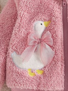 SHEIN 女嬰幼兒拉鍊連帽夾克 粉色鵝刺繡網布蝴蝶結毛絨長袖加厚冬季秋季萬聖節外套 Club Cozy - 粉色 - 查看 8