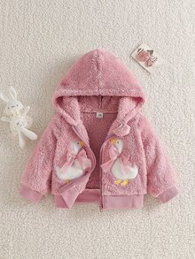 SHEIN 女嬰幼兒拉鍊連帽夾克 粉色鵝刺繡網布蝴蝶結毛絨長袖加厚冬季秋季萬聖節外套 Club Cozy - 粉色 - 查看 2