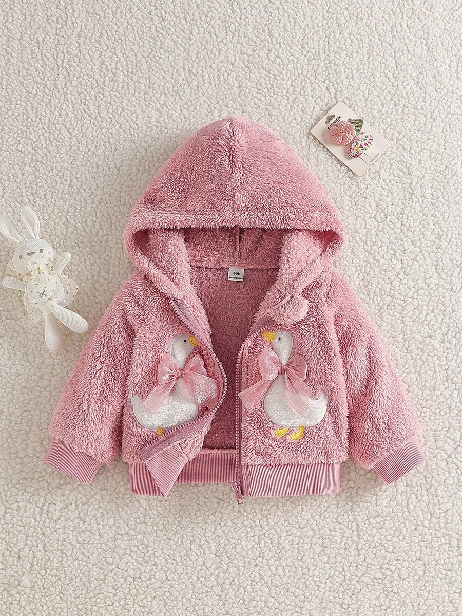 SHEIN 女嬰幼兒拉鍊連帽夾克 粉色鵝刺繡網布蝴蝶結毛絨長袖加厚冬季秋季萬聖節外套 Club Cozy