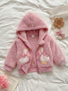 SHEIN 女嬰幼兒拉鍊連帽夾克 粉色鵝刺繡網布蝴蝶結毛絨長袖加厚冬季秋季萬聖節外套 Club Cozy - 粉色 - 查看 5