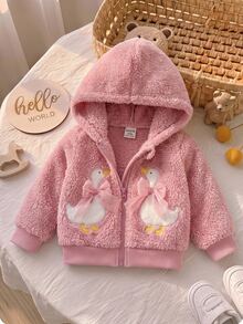 SHEIN 女嬰幼兒拉鍊連帽夾克 粉色鵝刺繡網布蝴蝶結毛絨長袖加厚冬季秋季萬聖節外套 Club Cozy - 粉色 - 查看 4