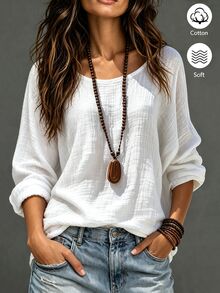 SHEIN Women's Casual Round Neck Solid Color Long Sleeve Cotton Shirt - White - View 1