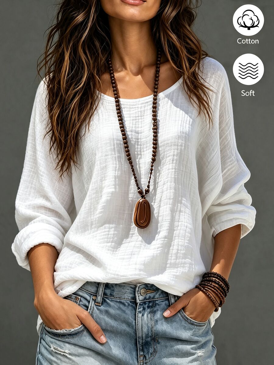 SHEIN Women's Casual Round Neck Solid Color Long Sleeve Cotton Shirt - White - View 1