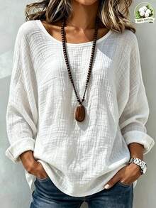 SHEIN Women's Casual Round Neck Solid Color Long Sleeve Cotton Shirt - White - View 3