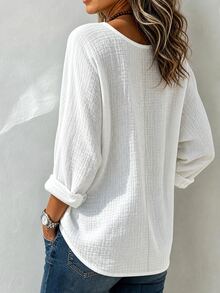 SHEIN Women's Casual Round Neck Solid Color Long Sleeve Cotton Shirt - White - View 2