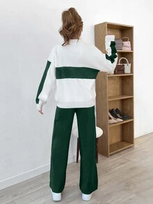 SHEIN طقم نسائي كاجوال من قطعتين بلون أخضر داكن سادة، كنزة صوفية بنصف سحاب وبنطلون، مقاس طويل - أخضر داكن - مشاهدة 2