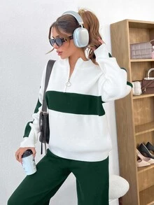 SHEIN طقم نسائي كاجوال من قطعتين بلون أخضر داكن سادة، كنزة صوفية بنصف سحاب وبنطلون، مقاس طويل - أخضر داكن - مشاهدة 6