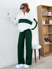 SHEIN طقم نسائي كاجوال من قطعتين بلون أخضر داكن سادة، كنزة صوفية بنصف سحاب وبنطلون، مقاس طويل - أخضر داكن - مشاهدة 8