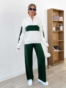 SHEIN طقم نسائي كاجوال من قطعتين بلون أخضر داكن سادة، كنزة صوفية بنصف سحاب وبنطلون، مقاس طويل - أخضر داكن - مشاهدة 4