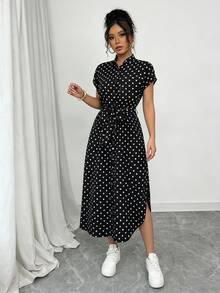 SHEIN Raffinéa 女款休閒度假旅行豹紋前扣鈕扣腰帶蝴蝶結口袋側開衩 2025 夏季新款短袖長洋裝 - 黑色 - 查看 5