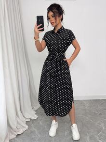 SHEIN Raffinéa 女款休閒度假旅行豹紋前扣鈕扣腰帶蝴蝶結口袋側開衩 2025 夏季新款短袖長洋裝 - 黑色 - 查看 7