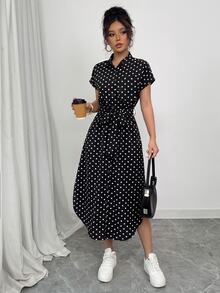 SHEIN Raffinéa 女款休閒度假旅行豹紋前扣鈕扣腰帶蝴蝶結口袋側開衩 2025 夏季新款短袖長洋裝 - 黑色 - 查看 3