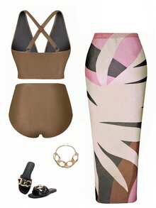Swim Oasis Set Bikini 3 Potong Wanita Ukuran Besar Warna Polos dari Kain Khusus & Sarung Motif Acak, Pakaian Pantai untuk Liburan Musim Panas di Pantai - Coffee Brown - View 3