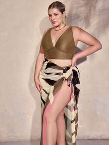 Swim Oasis Set Bikini 3 Potong Wanita Ukuran Besar Warna Polos dari Kain Khusus & Sarung Motif Acak, Pakaian Pantai untuk Liburan Musim Panas di Pantai - Coffee Brown - View 6