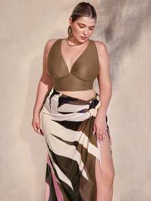 Swim Oasis Set Bikini 3 Potong Wanita Ukuran Besar Warna Polos dari Kain Khusus & Sarung Motif Acak, Pakaian Pantai untuk Liburan Musim Panas di Pantai - Coffee Brown - View 7