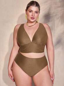 Swim Oasis Set Bikini 3 Potong Wanita Ukuran Besar Warna Polos dari Kain Khusus & Sarung Motif Acak, Pakaian Pantai untuk Liburan Musim Panas di Pantai - Coffee Brown - View 5