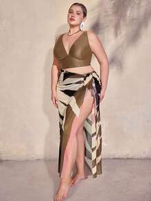 Swim Oasis Set Bikini 3 Potong Wanita Ukuran Besar Warna Polos dari Kain Khusus & Sarung Motif Acak, Pakaian Pantai untuk Liburan Musim Panas di Pantai - Coffee Brown - View 2