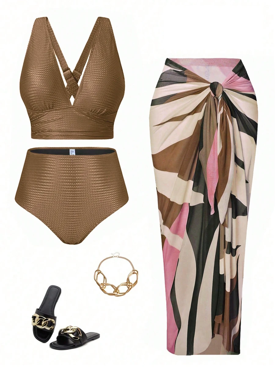 Swim Oasis Set Bikini 3 Potong Wanita Ukuran Besar Warna Polos dari Kain Khusus & Sarung Motif Acak, Pakaian Pantai untuk Liburan Musim Panas di Pantai - Coffee Brown - View 1