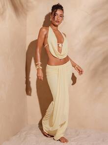 Hauture Women's Sexy Backless Halter Top And Fish Tail Skirt 2 Pieces Set, Summer - Yellow - View 3