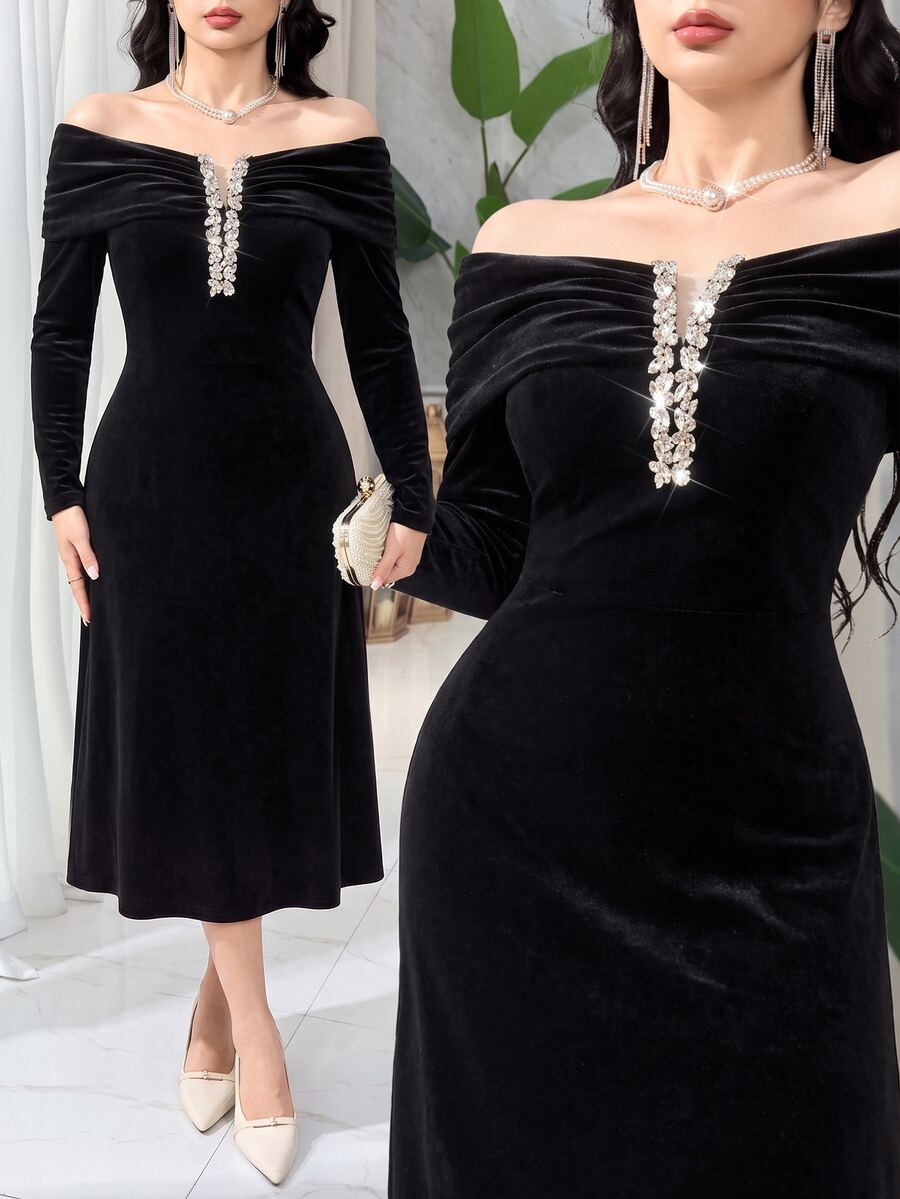 Feyla Women's Rhinestone Decorated Cold Shoulder Long Sleeve Elegant Midi Velvet Dress Dinner Party Night Cocktail Black Fall - Black - View 1