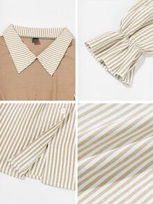SHEIN Women's Spring & Summer Striped Lapel Long Sleeve Loose Casual 2 In 1 Top Fall Cloth For Women - Khaki - View 9