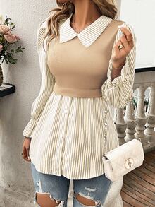 SHEIN Women's Spring & Summer Striped Lapel Long Sleeve Loose Casual 2 In 1 Top Fall Cloth For Women - Khaki - View 5