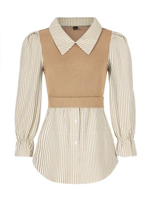 SHEIN Women's Spring & Summer Striped Lapel Long Sleeve Loose Casual 2 In 1 Top Fall Cloth For Women - Khaki - View 4