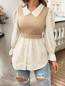 SHEIN Women's Spring & Summer Striped Lapel Long Sleeve Loose Casual 2 In 1 Top Fall Cloth For Women - Khaki - View 7