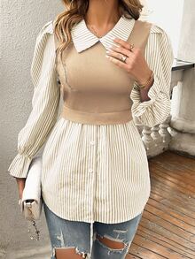SHEIN Women's Spring & Summer Striped Lapel Long Sleeve Loose Casual 2 In 1 Top Fall Cloth For Women - Khaki - View 8