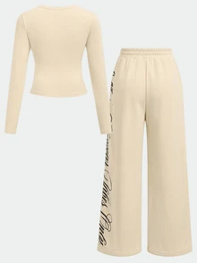 SHEIN Kids Tween Girls Letter Print Round Neck Long Sleeve T-Shirt And Wide Leg Pants Casual 2PCS Set - Apricot - View 3
