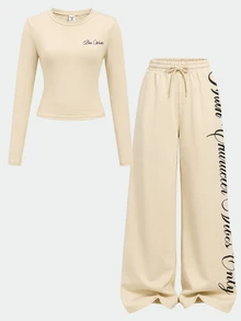 SHEIN Kids Tween Girls Letter Print Round Neck Long Sleeve T-Shirt And Wide Leg Pants Casual 2PCS Set - Apricot - View 2