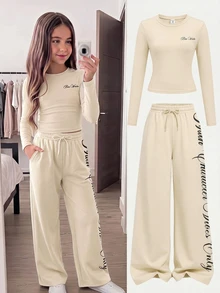 SHEIN Kids Tween Girls Letter Print Round Neck Long Sleeve T-Shirt And Wide Leg Pants Casual 2PCS Set - Apricot - View 14