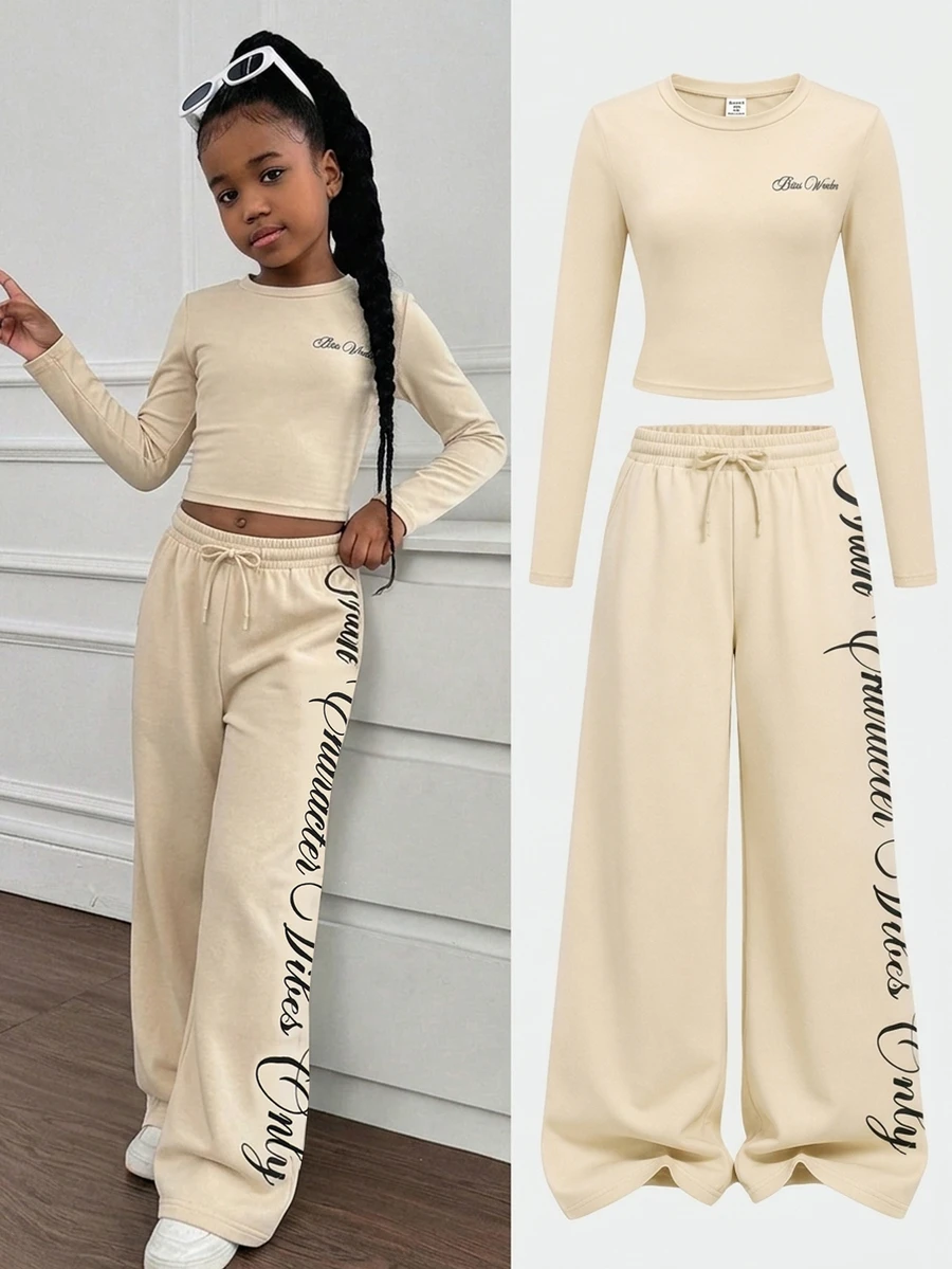 SHEIN Kids Tween Girls Letter Print Round Neck Long Sleeve T-Shirt And Wide Leg Pants Casual 2PCS Set - Apricot - View 1