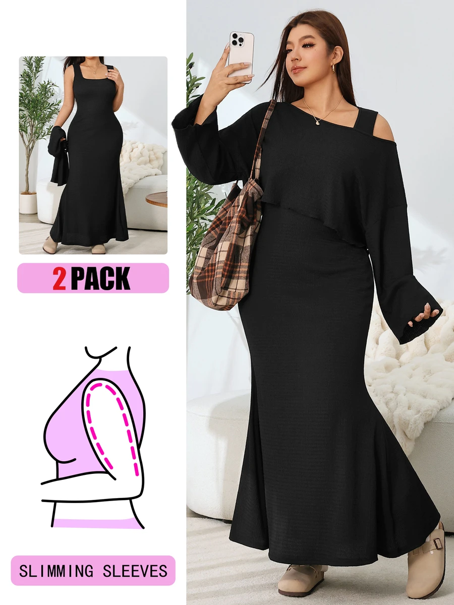 Solflare Plus Size Women's Summer Mermaid Dress & Asymmetric Shoulder Top 2 Pieces Set - Black - View 1