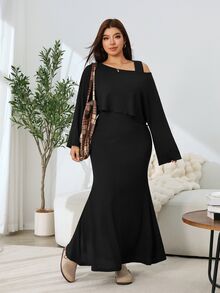 Solflare Plus Size Women's Summer Mermaid Dress & Asymmetric Shoulder Top 2 Pieces Set - Black - View 5