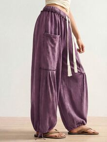 Bohemela Pantalones casuales sueltos de talla grande con bolsillos grandes y cintura con cordón - Morado - Ver 6