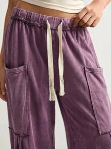 Bohemela Pantalones casuales sueltos de talla grande con bolsillos grandes y cintura con cordón - Morado - Ver 3