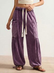 Bohemela Pantalones casuales sueltos de talla grande con bolsillos grandes y cintura con cordón - Morado - Ver 4