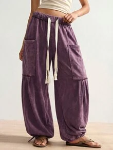 Bohemela Pantalones casuales sueltos de talla grande con bolsillos grandes y cintura con cordón - Morado - Ver 1