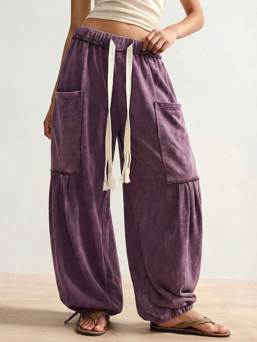 Bohemela Pantalones casuales sueltos de talla grande con bolsillos grandes y cintura con cordón - Morado - Ver 1