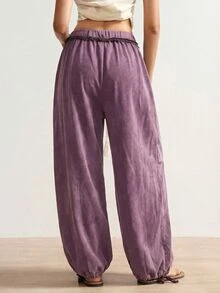 Bohemela Pantalones casuales sueltos de talla grande con bolsillos grandes y cintura con cordón - Morado - Ver 7