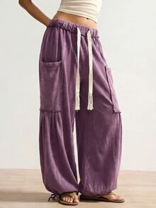 Bohemela Pantalones casuales sueltos de talla grande con bolsillos grandes y cintura con cordón - Morado - Ver 5