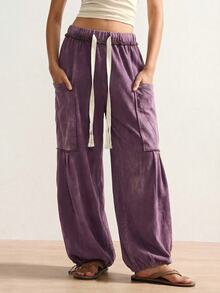 Bohemela Pantalones casuales sueltos de talla grande con bolsillos grandes y cintura con cordón - Morado - Ver 2