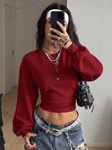 Coolane Women's Fall Winter Streetwear Elegant Sports Y2K Night Out Casual Basic Cotton Solid Color Pleated Long Sleeve Red Sweatshirt Top - Burgundy - View 4